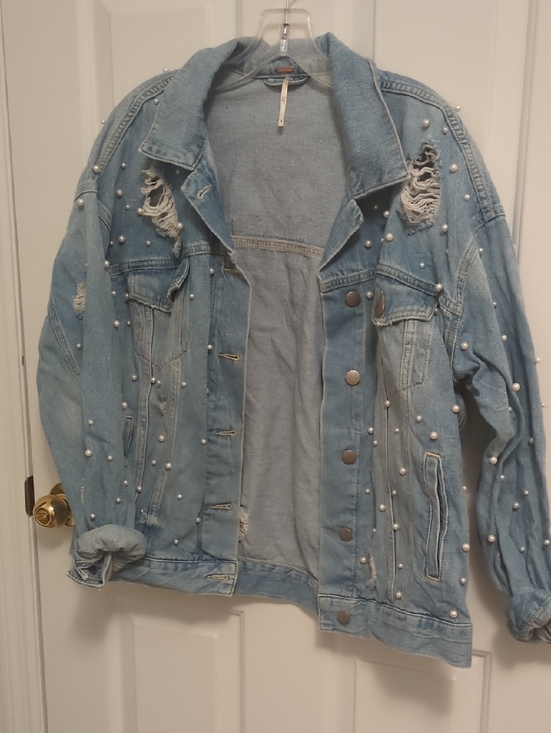 Free People Jackets & Blazers - Free People Light Blue Pearl-Embellished Distressed Denim Jacket